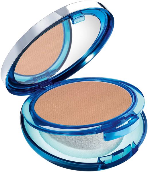 Offener kompakter Puder mit Spiegel, braunem Puder und weißem Schwämmchen. Blaue Hülle.