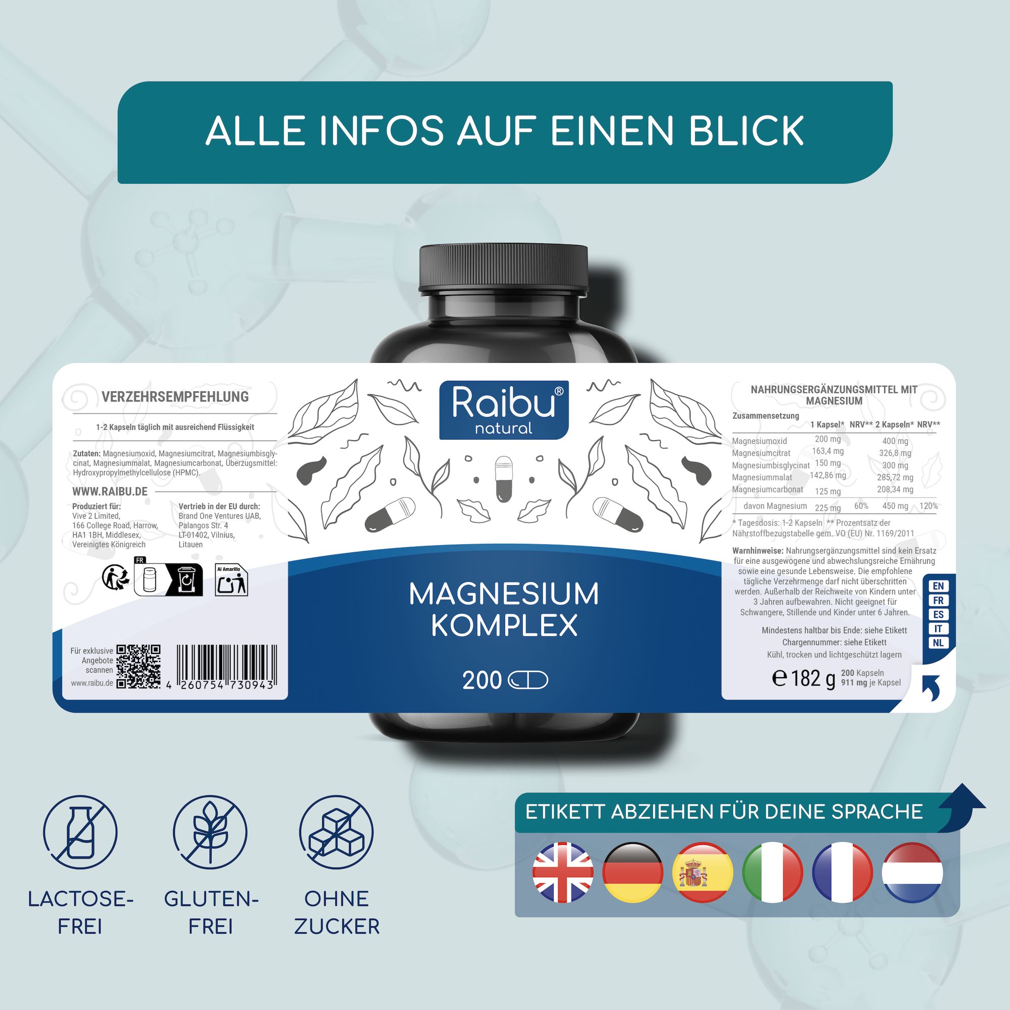 Produktflasche mit Etikett. Text: Magnesium Komplex, 200 Kapseln. Ohne Zucker, Gluten, Laktose. Mehrsprachig.