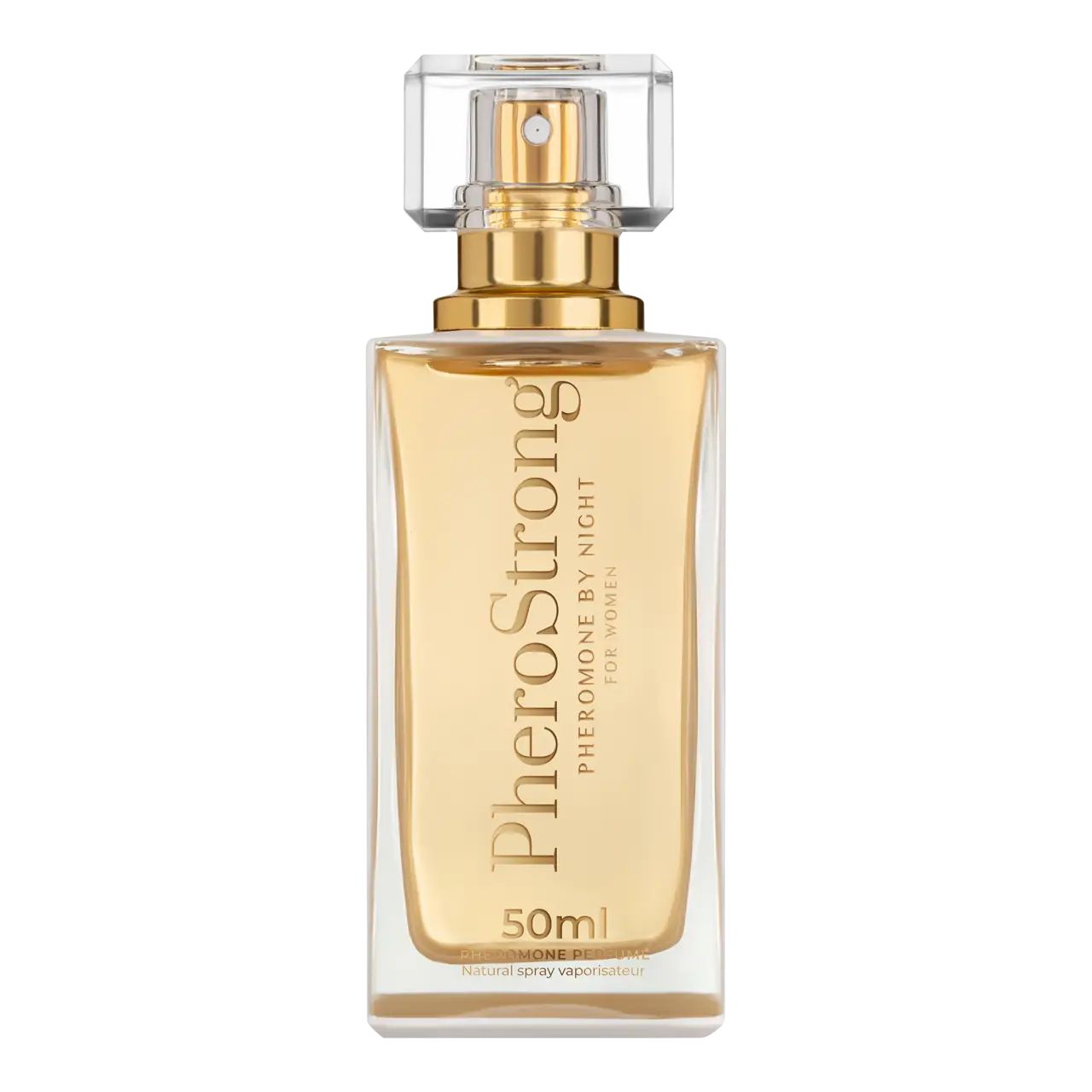Goldfarbenes Parfüm in rechteckiger Glasflasche mit Sprühkopf. Aufschrift PheroStrong. 50ml.