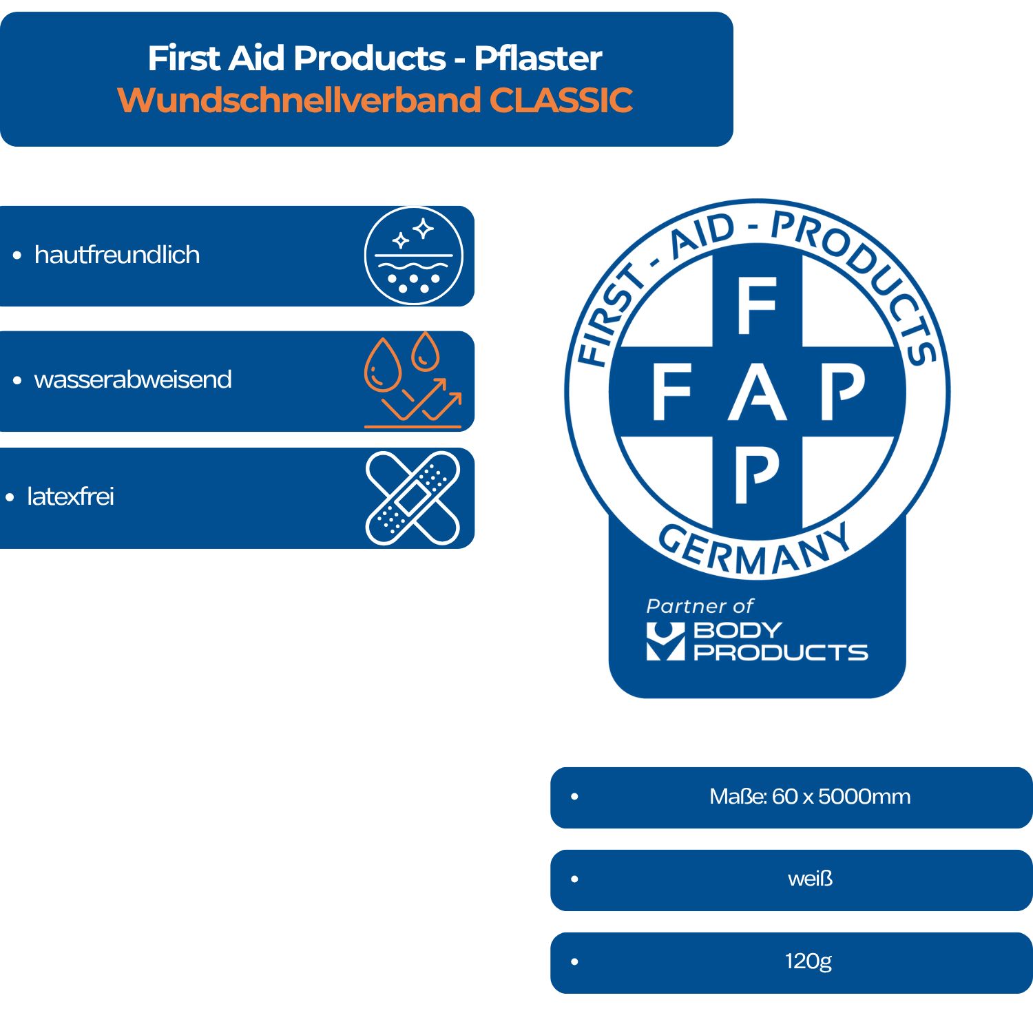 Blaues Informationsfeld. Text: "First Aid Products - Pflaster Wundschnellverband CLASSIC". Logo "FAP". Eigenschaften: hautfreundlich, wasserabweisend, latexfrei.