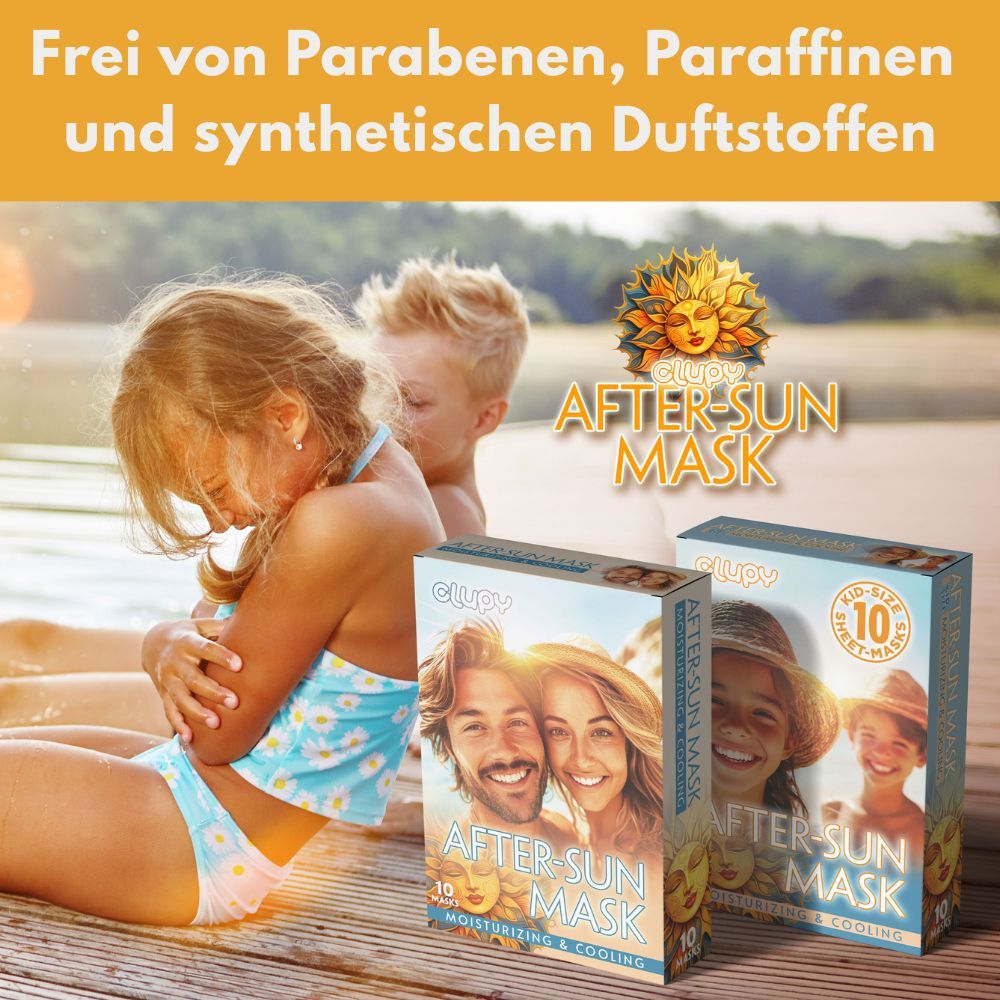 Zwei Schachteln After-Sun Maske für Kinder. Aufdruck: Clupy, After-Sun Mask, 10 Sheet-Masks. Text: Frei von Parabenen, Paraffinen und synthetischen Duftstoffen.