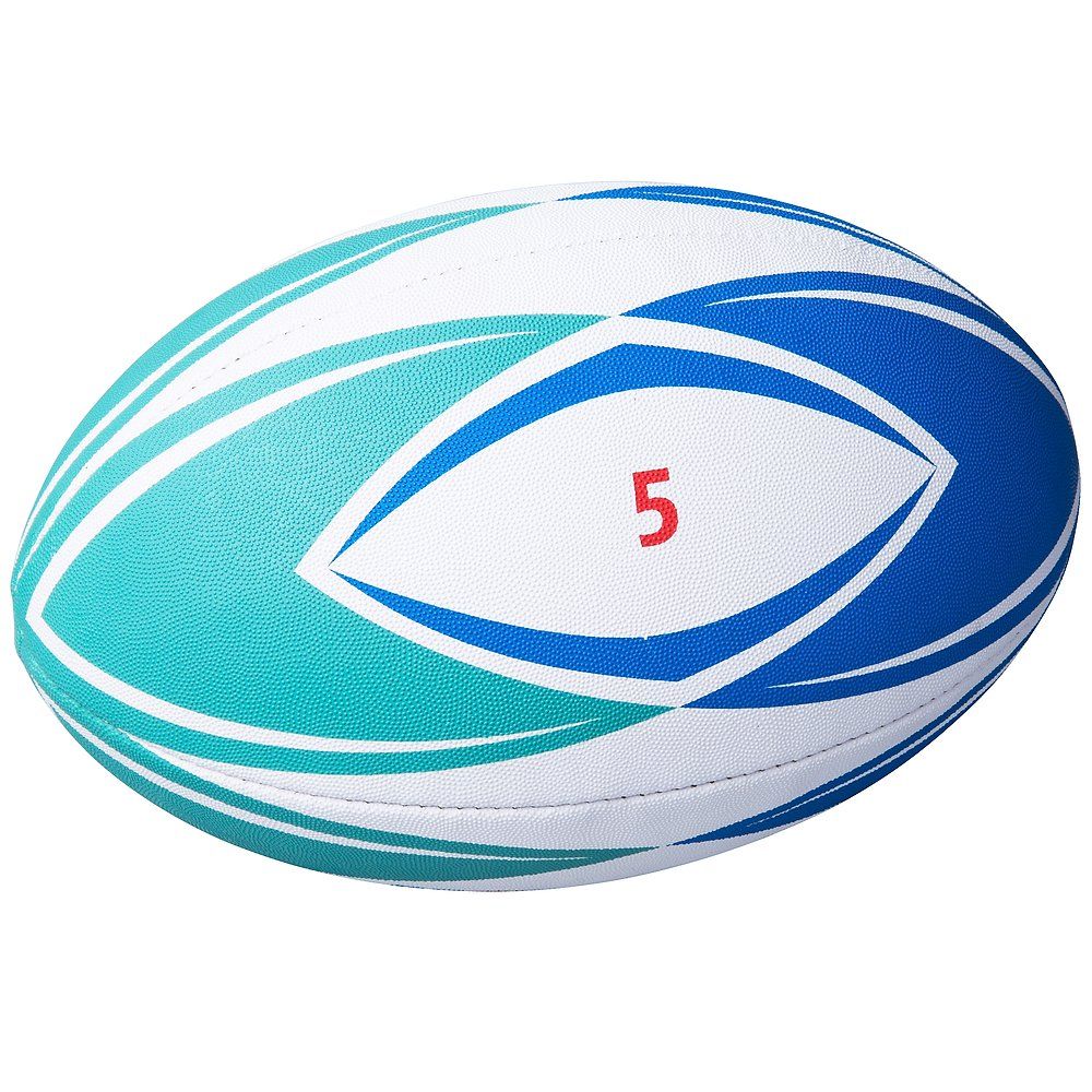 Rugbyball mit weiß, blau und türkis Design. Rote Zahl 5. Oval. Naht sichtbar.