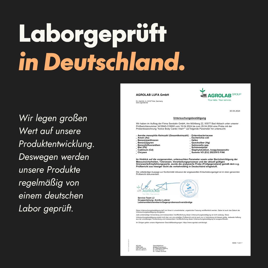 Zertifikat von Agrolab. Text: Laborgeprüft in Deutschland. Wir legen Wert auf unsere Produktentwicklung.
