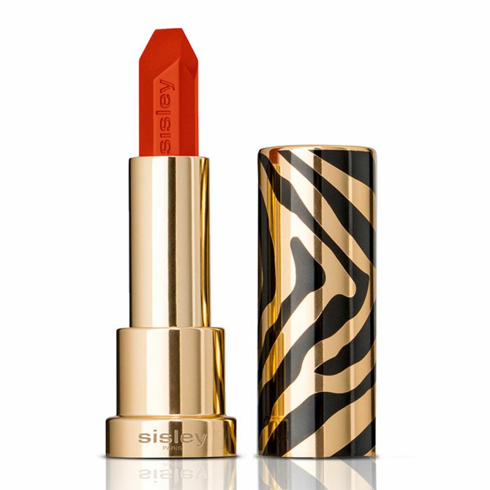 Geöffneter goldfarbener Lippenstift mit orangerotem Lippenstift. Die Hülse hat ein schwarz-goldenes Zebramuster. Sisley-Schriftzug.
