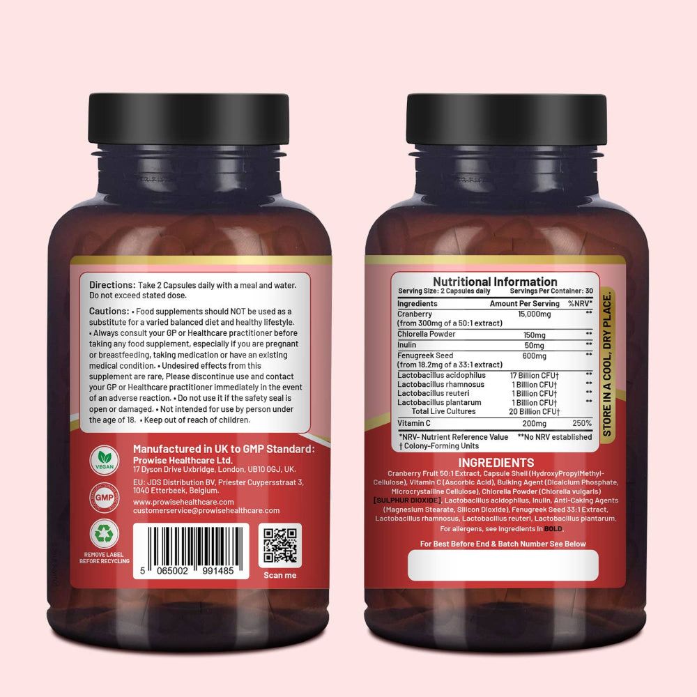 Zwei Seiten der Produktverpackung. Enthält Informationen zu Inhaltsstoffen, Nährwerten, Anwendungshinweisen und Warnhinweisen. Rosa Hintergrund.