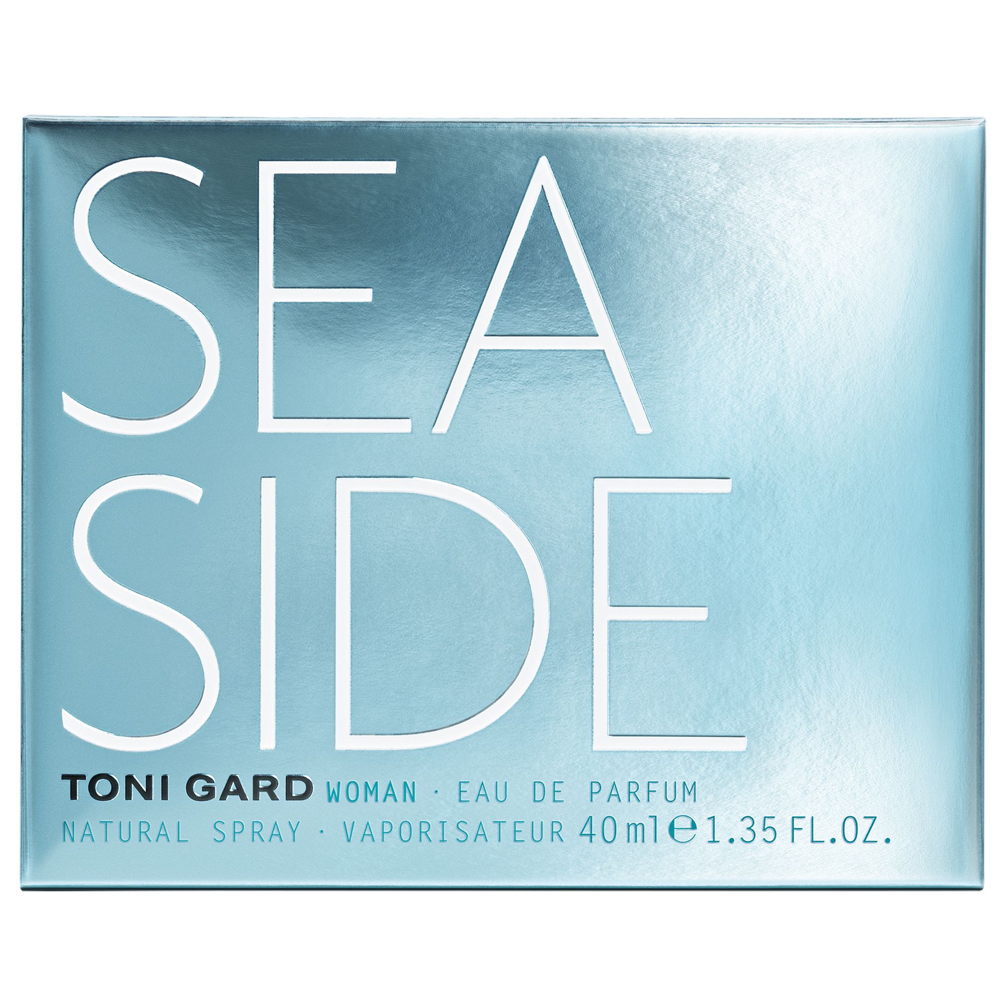 Silberne Schachtel mit Aufschrift SEA SIDE, TONI GARD, WOMAN, Eau de Parfum. 40ml.