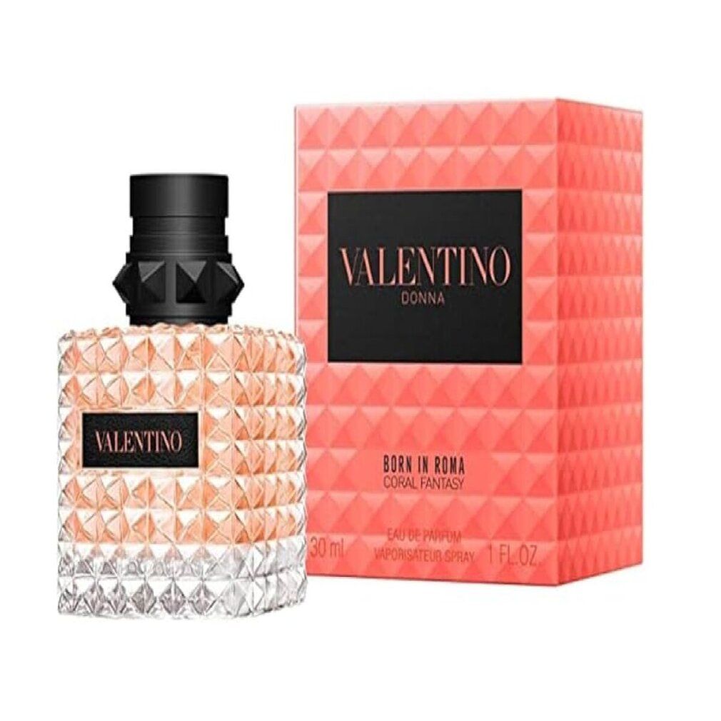 Valentino Donna Eau de Parfum. Rosa Verpackung und Flakon. Schwarzer Verschluss. Quadratischer Flakon mit quadratischen Details.
