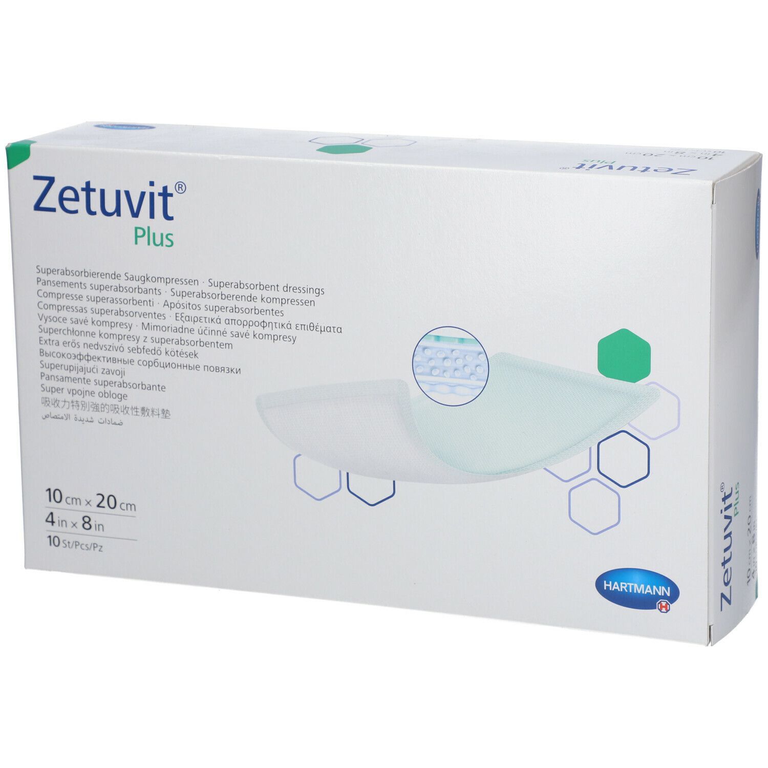 Verpackung von Zetuvit® Plus. Superabsorbierende Wundauflage. Größe 10x20 cm. 10 Stück. Hartmann Logo.