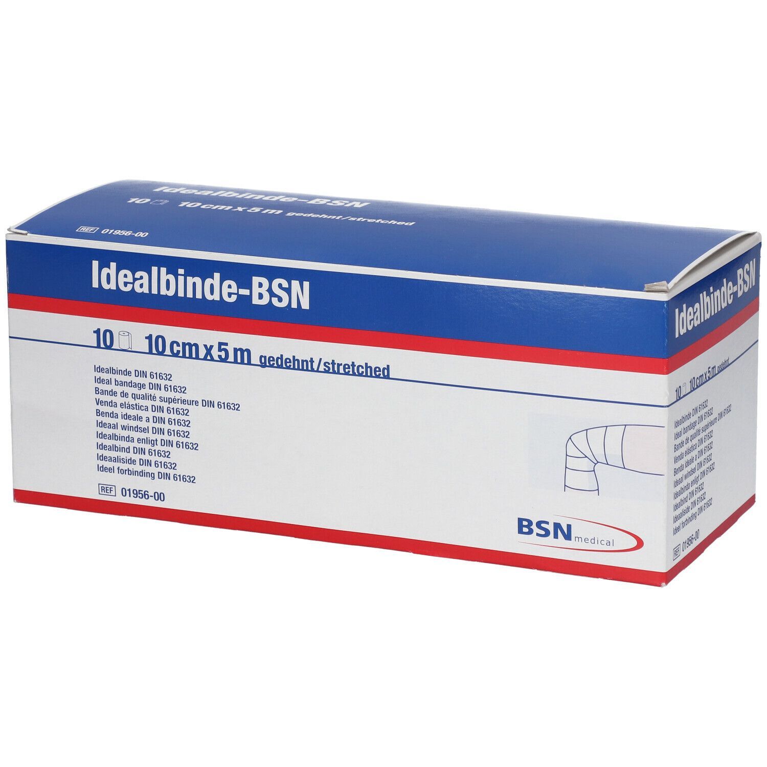 Idealbinde-BSN Verpackung. Blau-weißes Design. 10 cm x 5 m gedehnt. BSN medical Logo.