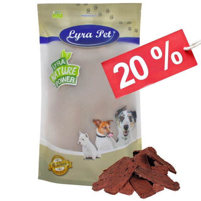 Lyra Pet® Lammfleischstreifen in Verpackung mit Hundeabbildung und 20% Rabatt-Schild.