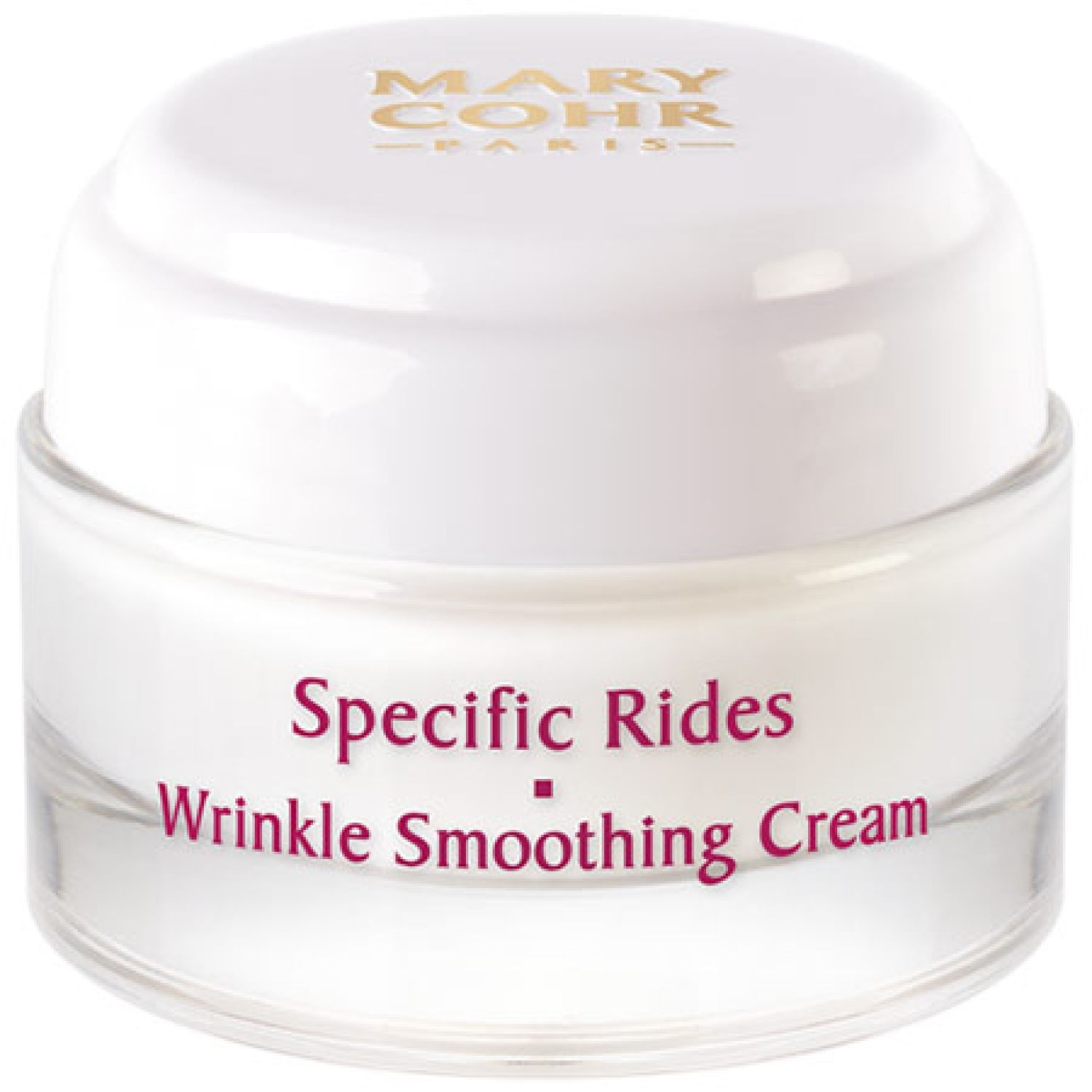 Creme-Glas mit weißem Deckel. Auf dem Deckel steht goldfarben "MARY COHR PARIS". Auf dem Glas steht "Specific Rides Wrinkle Smoothing Cream".