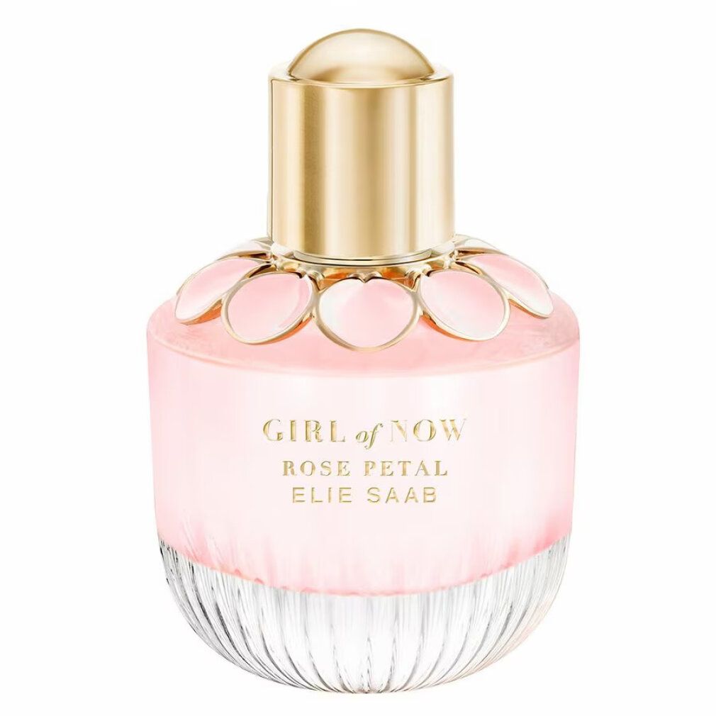 Elie Saab Girl of Now Rose Petal Eau de Parfum Flakon mit goldenem Verschluss und rosa Blütenapplikationen.
