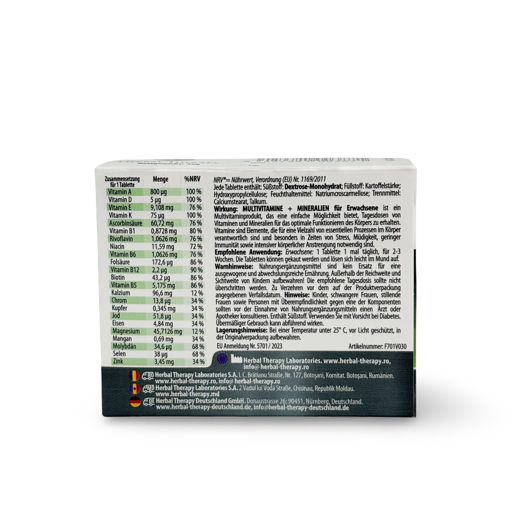 Rückseite der "Herbal Therapy"-Verpackung. Text mit Inhaltsstoffen, Nährwertangaben und Anwendungshinweisen. Weißer Hintergrund.