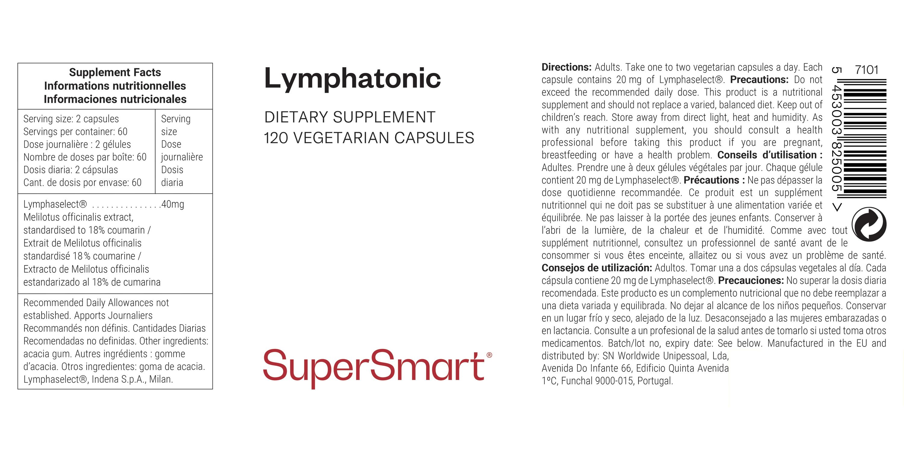 Lymphatonisch-Nahrungsergänzungsmittel. 120 vegetarische Kapseln. SuperSmart-Logo. Text in Englisch, Französisch und Spanisch.