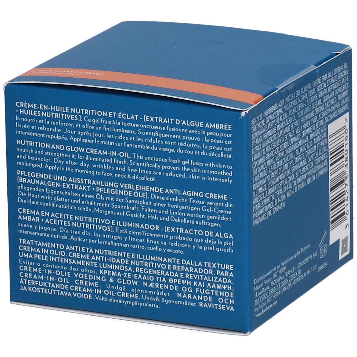 Blauer Karton mit Produktinformationen. BIOTHERM Blue Therapy Revitalize Cream-In-Oil. 50 ml.