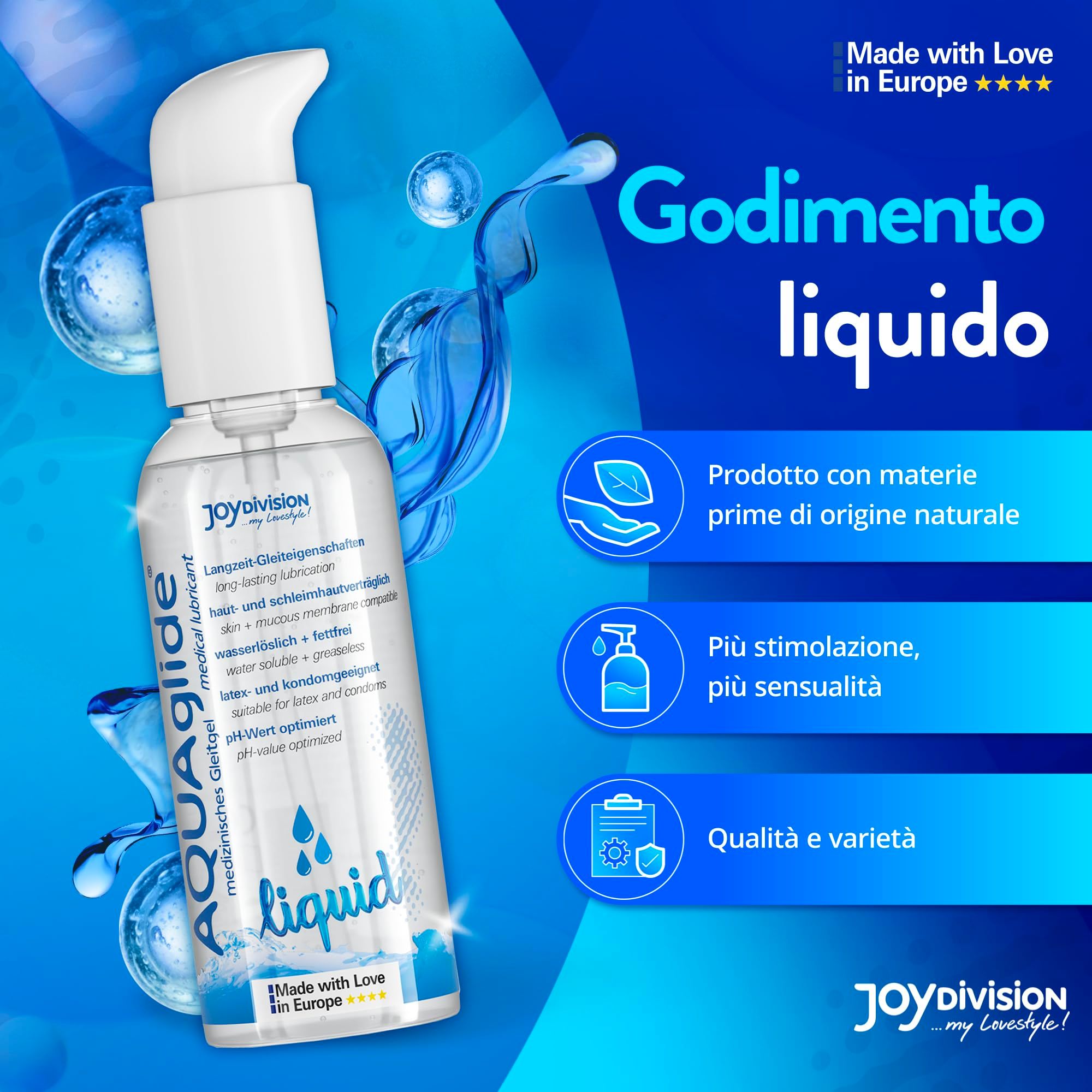 AQUAGLIDE Liquid Gleitmittel. "Godimento liquido" mit natürlichen Inhaltsstoffen, mehr Stimulation.