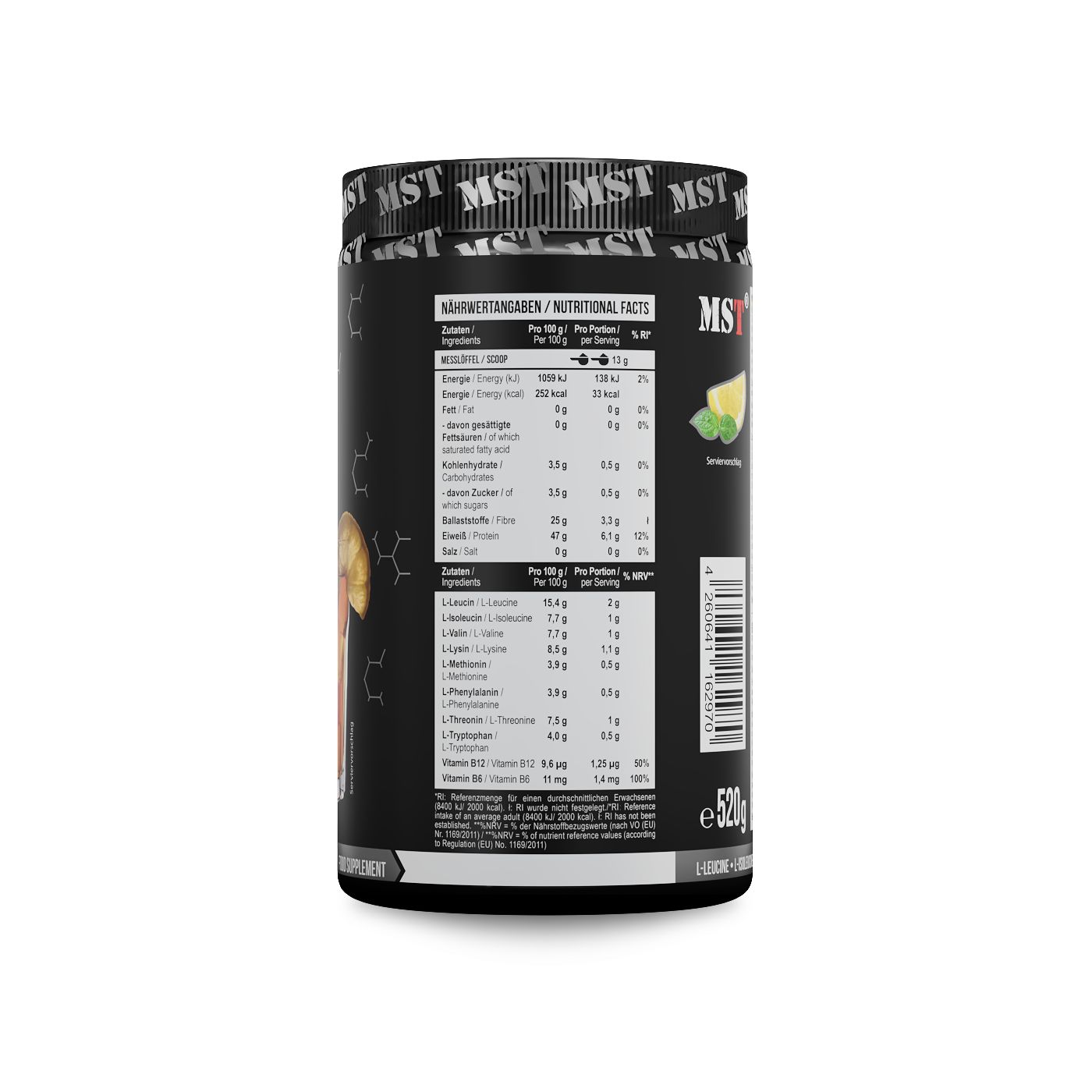Schwarzer Behälter mit Nährwertangaben und Aminosäureprofil für MST BCAA & EAA.