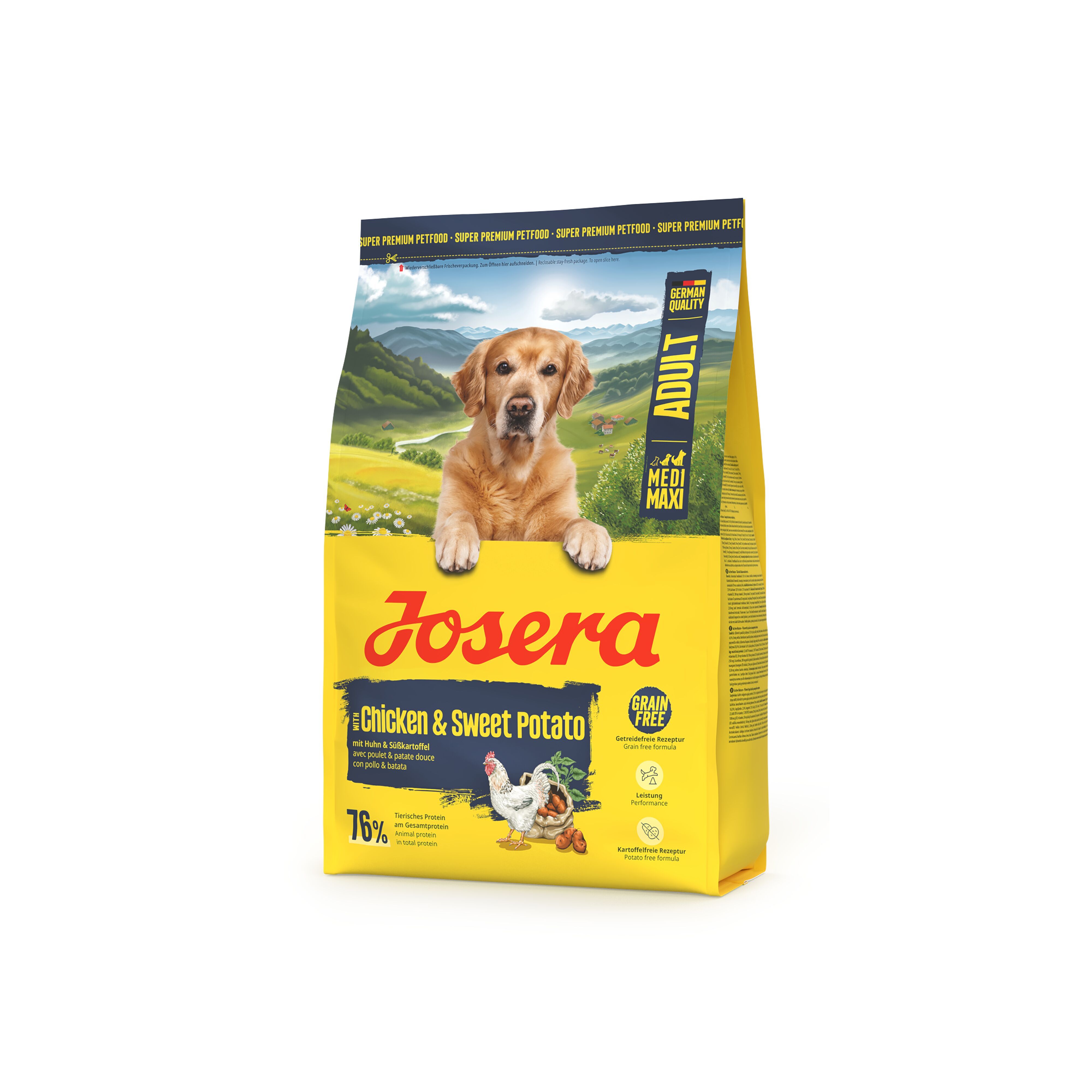 Gelbe Verpackung mit "JOSERA Adult Chicken&SweetPotato"-Schriftzug. Abbildung eines Hundes, Huhns und Süßkartoffeln. "Grain Free"-Logo.