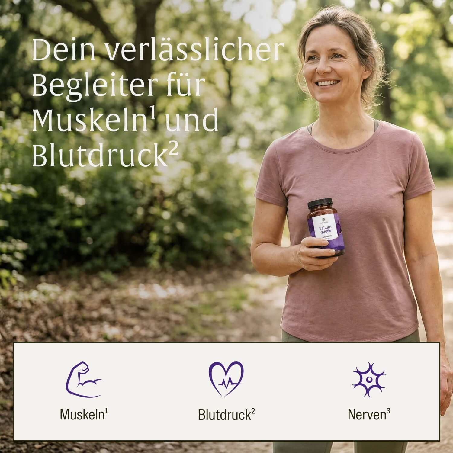 Frau hält eine lila Dose mit Nahrungsergänzungsmitteln in der Hand, mit Icons für Muskeln, Blutdruck und Nerven.