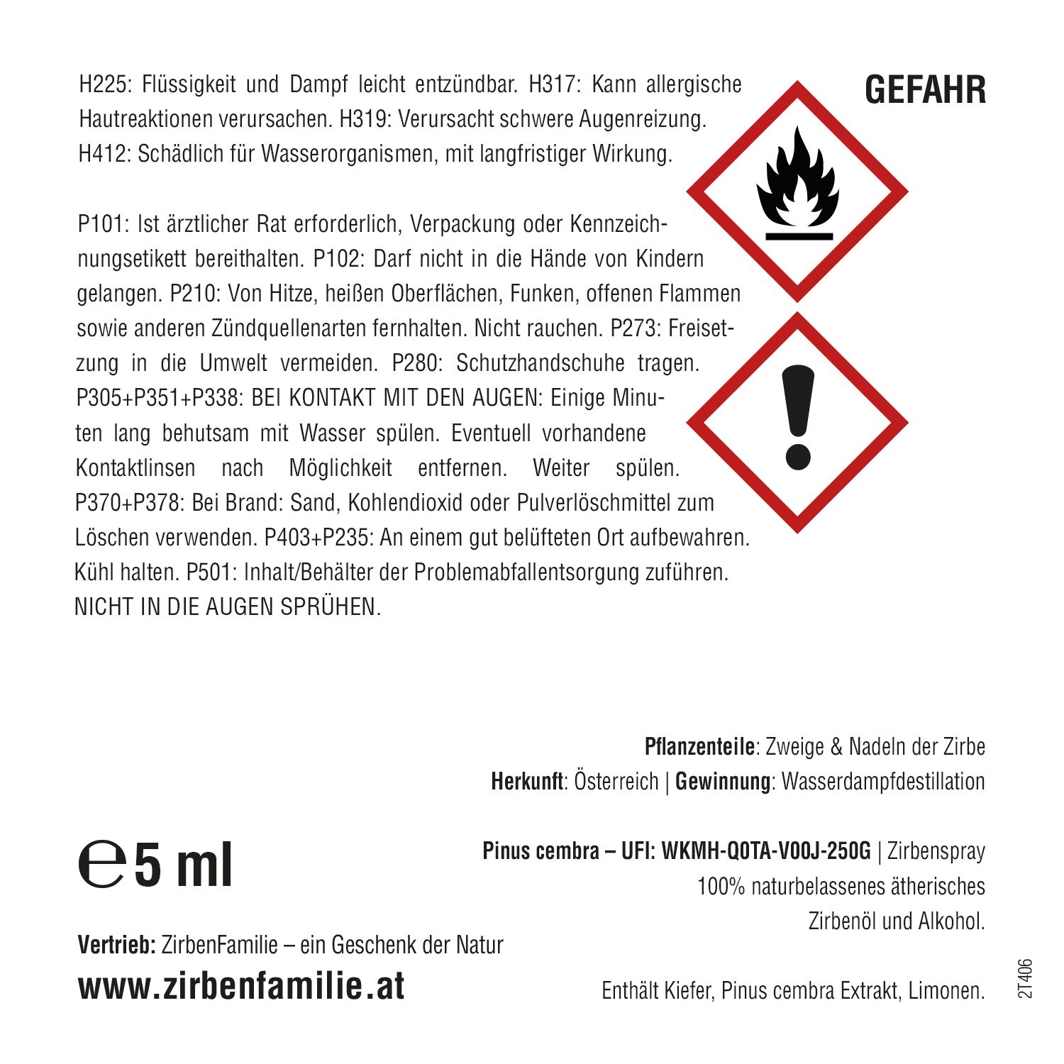 Etikett mit Gefahrensymbolen und Text. Enthält Informationen zu Inhaltsstoffen und Hersteller. Volumen: 5 ml.