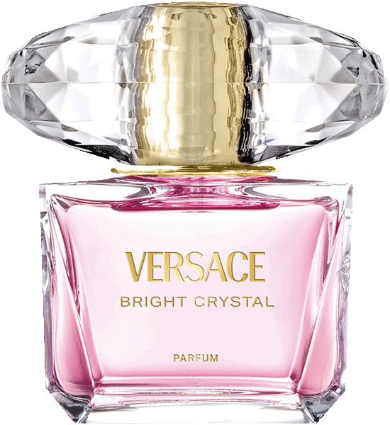 Rosa Parfumflasche mit Kristallverschluss. Aufschrift Versace Bright Crystal. Goldener Hals.