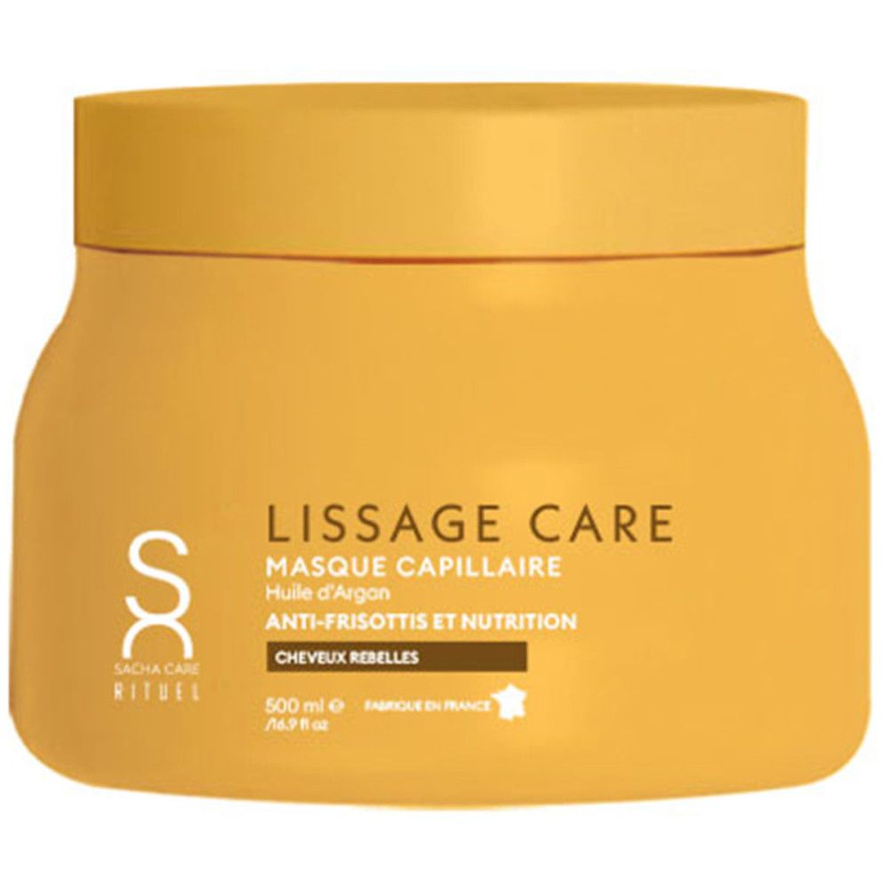 Gelbe Dose mit Aufschrift LISSAGE CARE, MASQUE CAPILLAIRE, ANTI-FRISOTTIS ET NUTRITION. Enthält 500 ml. Marke SACHA CARE.