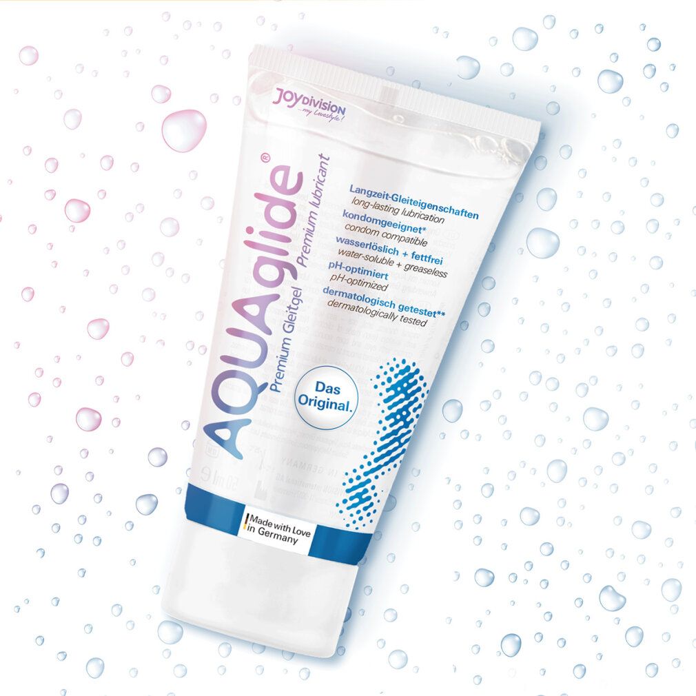 Aqua glide Gleitgel Tube, "Das Original", Made in Germany, mit Wassertropfen.