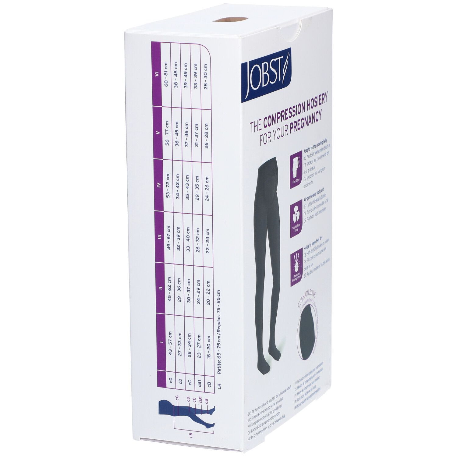 Verpackung der JOBST Maternity Opaque Kompressions-Strumpfhose. Größentabelle und schwarze Strumpfhose abgebildet. Flex Zone, Ventilation Zone.