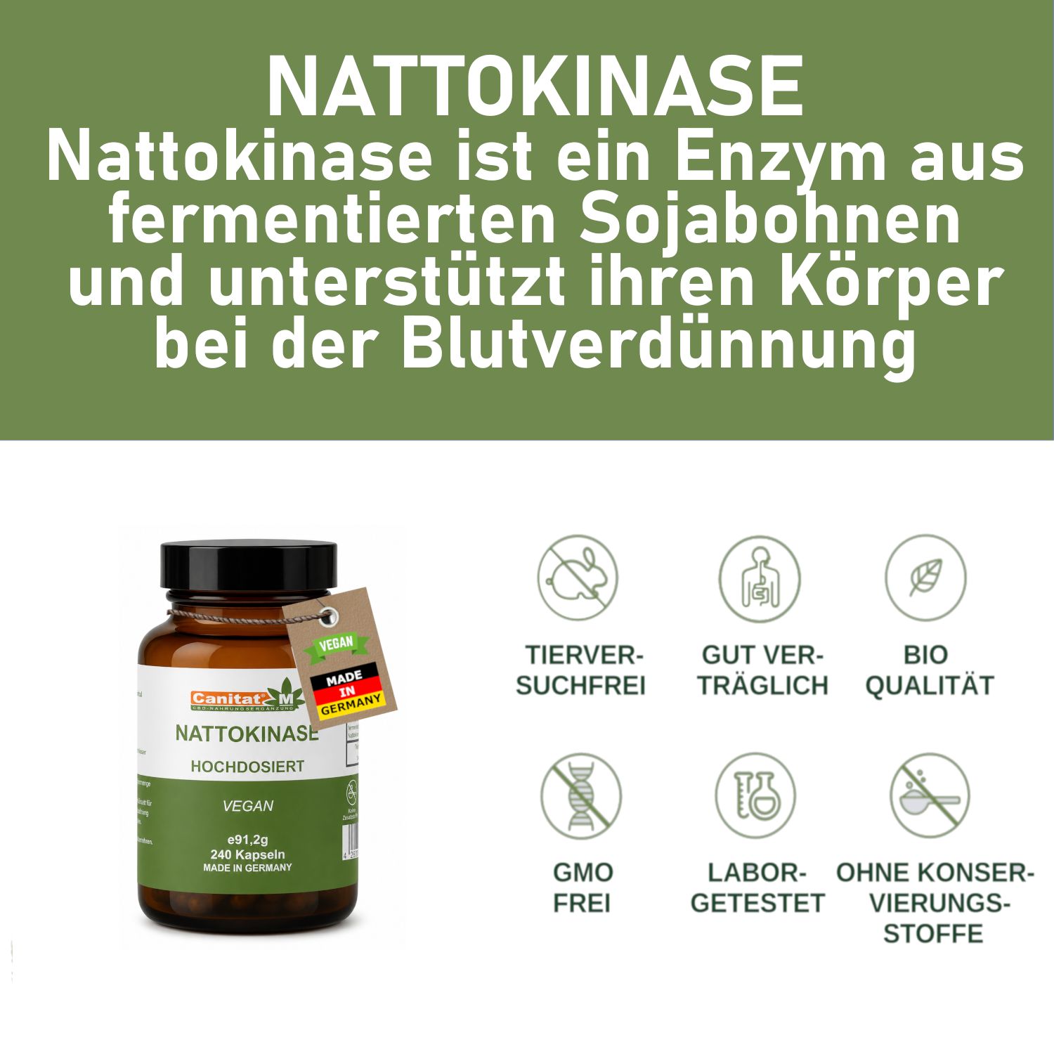 Glasflasche mit Nattokinase. Text: Nattokinase ist ein Enzym aus fermentierten Sojabohnen. Marke Canitat M. Mit Anhänger und Icons.