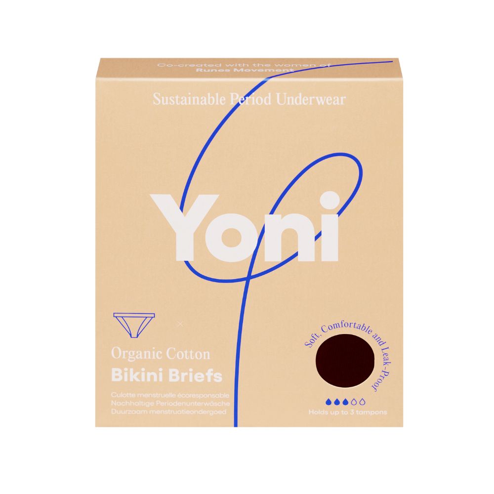 Verpackung für Periodenunterwäsche. Marke Yoni. Bio-Baumwolle, Bikini-Slip.