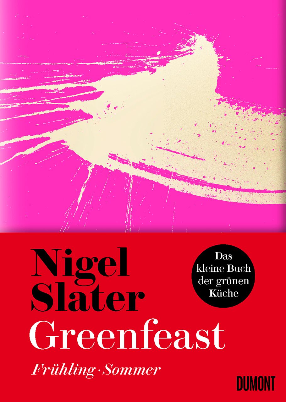 Buchcover von Greenfeast. Titel von Nigel Slater. Pinker Hintergrund mit weißem Farbspritzer. Roter Bereich mit Titel und Verlag.