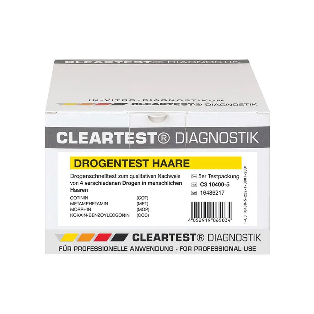 Verpackung von Cleartest Drogentest Haare. Enthält 5 Tests. Aufschrift: Cleartest Diagnostik. Für professionelle Anwendung.