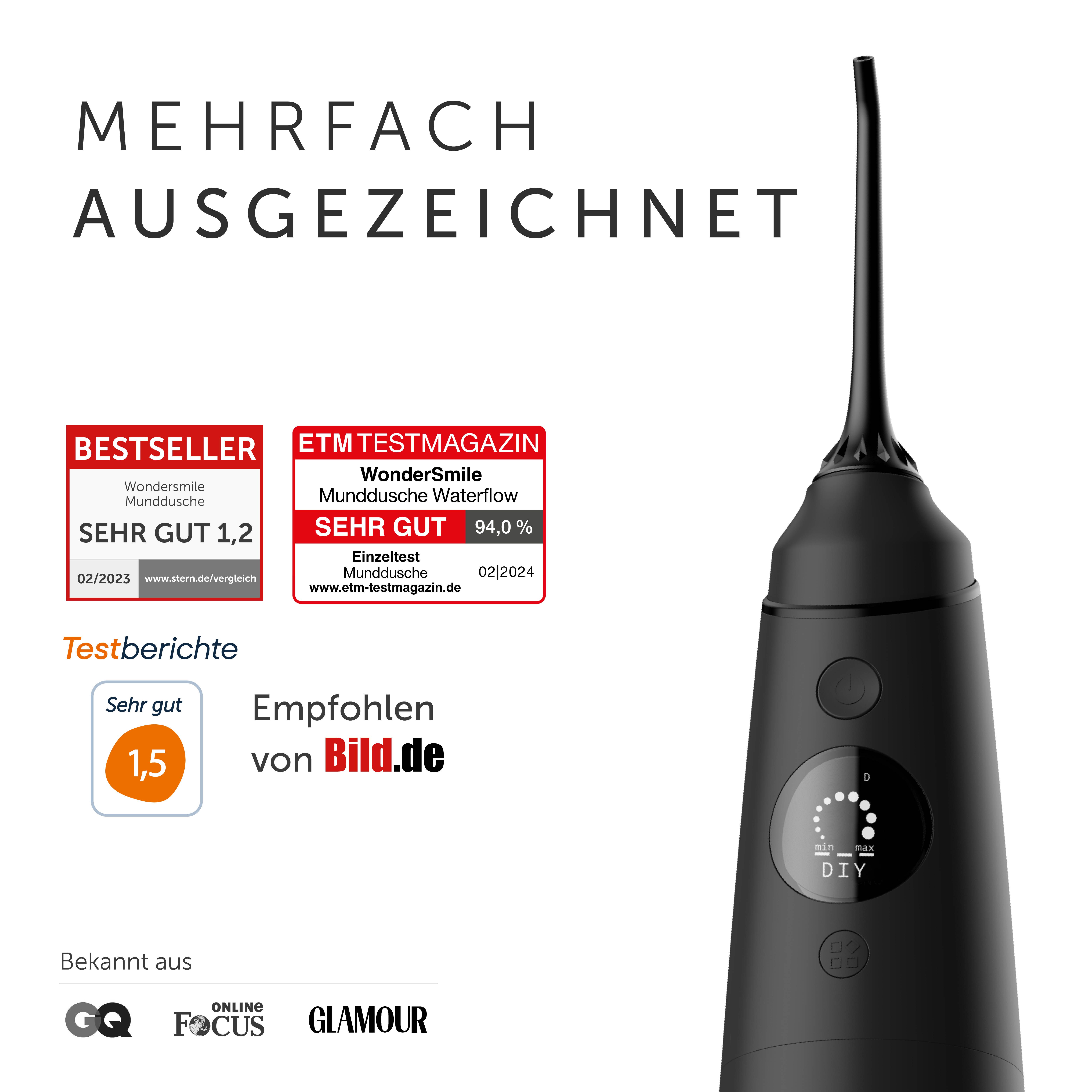 Schwarzes Munddusche-Gerät mit Bewertungen. Text: "MEHRFACH AUSGEZEICHNET", "SEHR GUT", "Empfohlen von Bild.de".