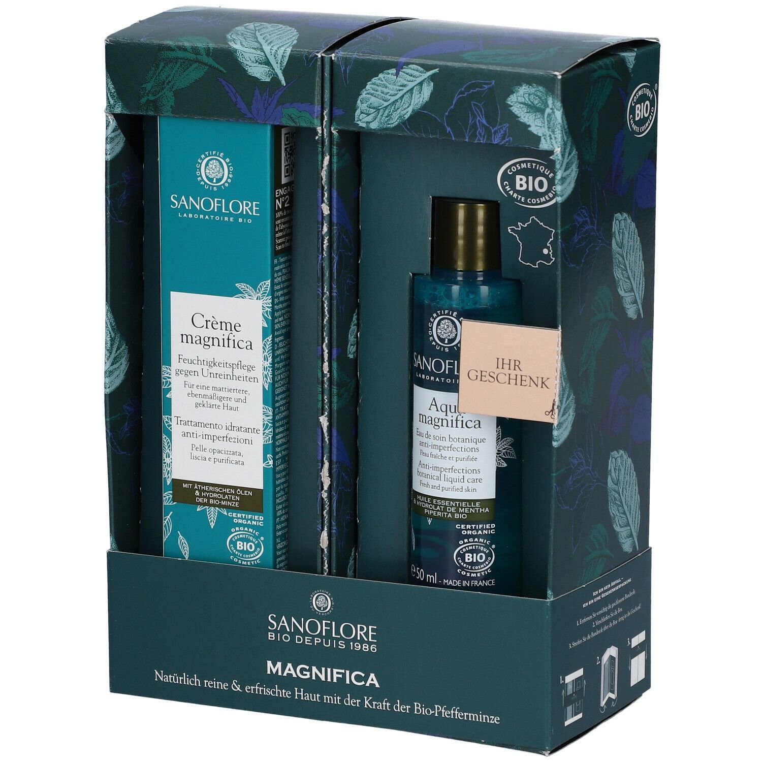 Geschenkset mit zwei Produkten. Sanoflore-Logo und Magnifica-Schriftzug. Bio-Zertifizierung. Geschenk-Etikett.
