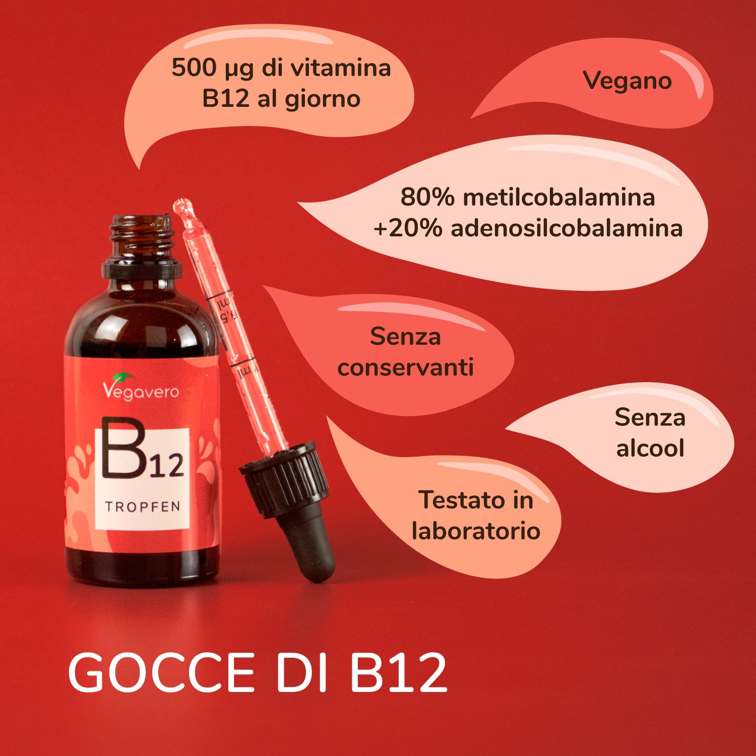 Flacone e pipetta con fumetti. Scritta: B12 Tropfen. 500 µg vitamina B12 al giorno. Senza conservanti, alcol.