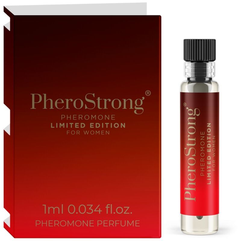Rote Schachtel und Flakon. Aufschrift: PheroStrong Pheromone Limited Edition für Frauen. 1ml.