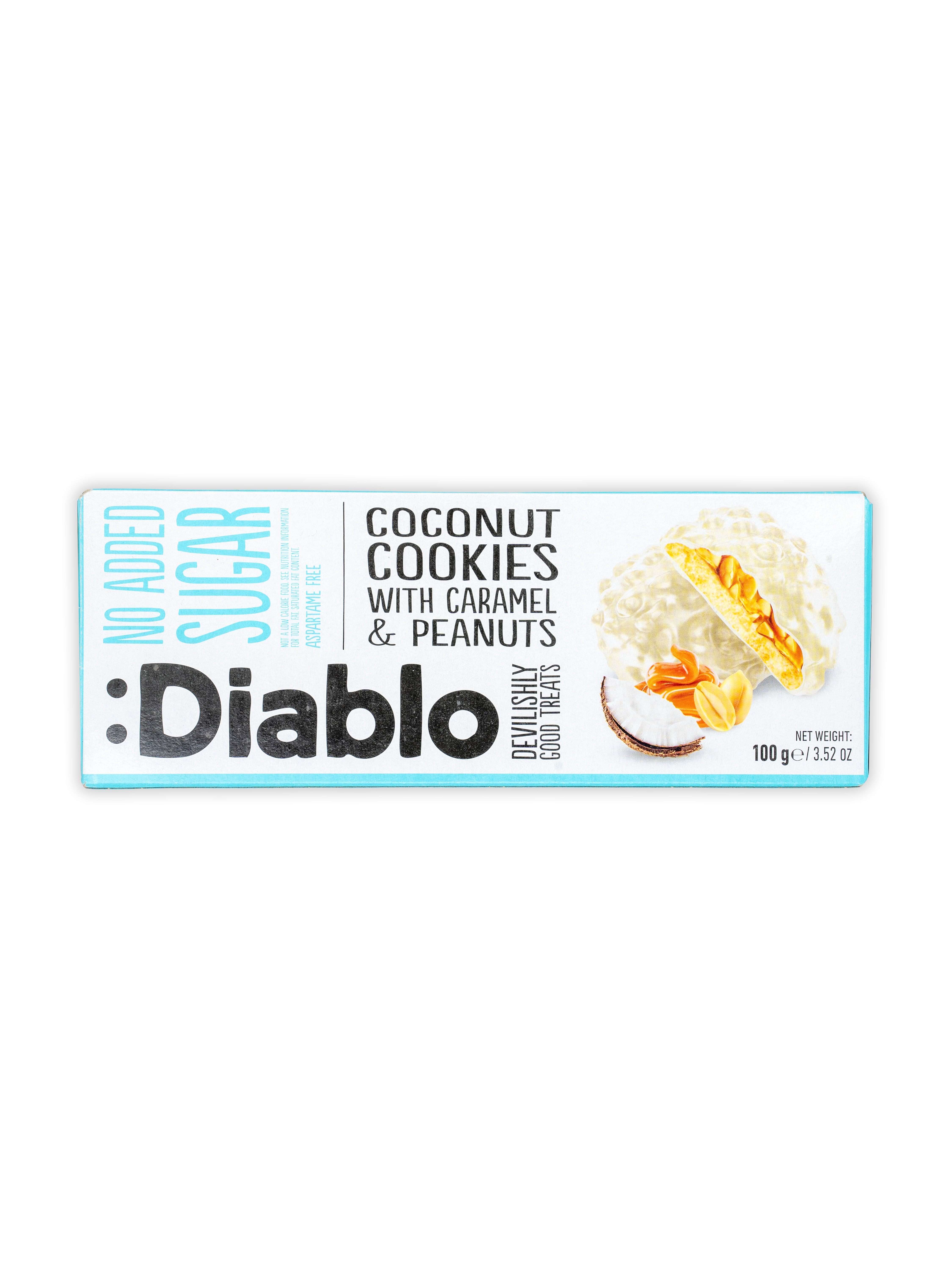 Verpackung mit Diablo Kokos-Cookies mit Karamell & Erdnüssen. Aufschrift: "No Added Sugar". Produktabbildung.