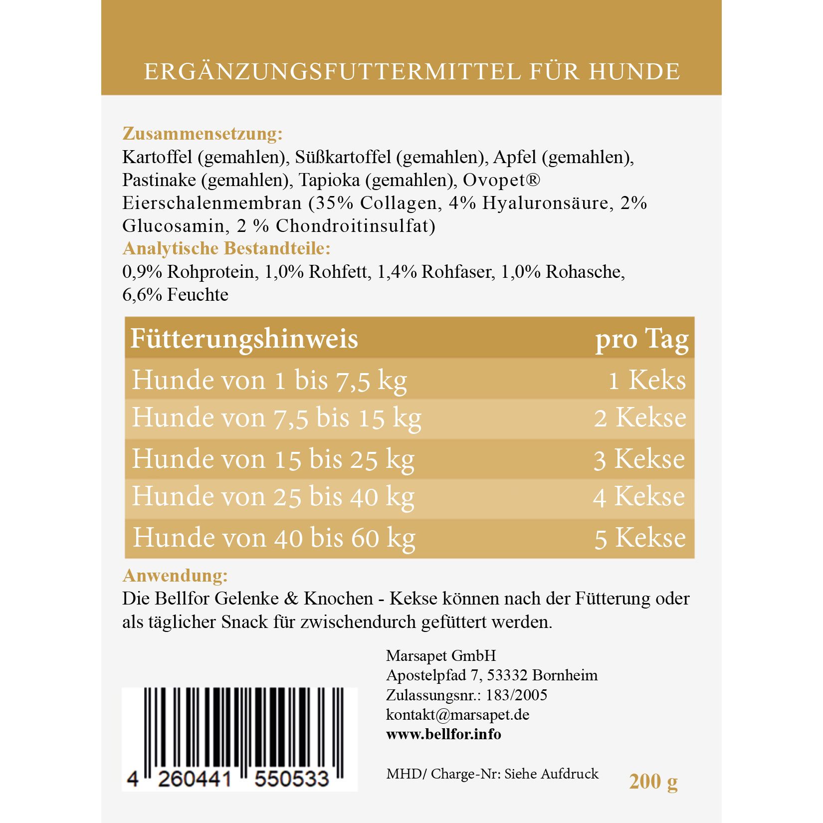 Produktverpackung mit Inhaltsangaben und Fütterungshinweisen für Hunde. Text in deutscher Sprache.