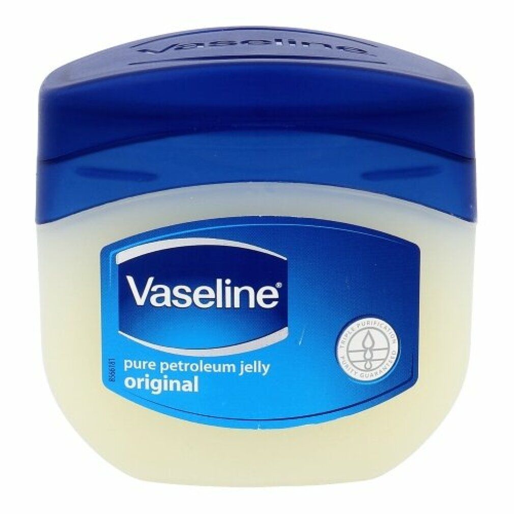 Barattolo con coperchio blu. Etichetta "Vaseline", "pure petroleum jelly original".