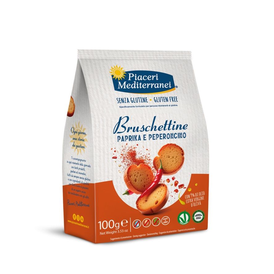 Verpackung von Bruschettine Paprika e Peperoncino Senza Glutine. Marke Piaceri Mediterranei. Glutenfrei. 100g.