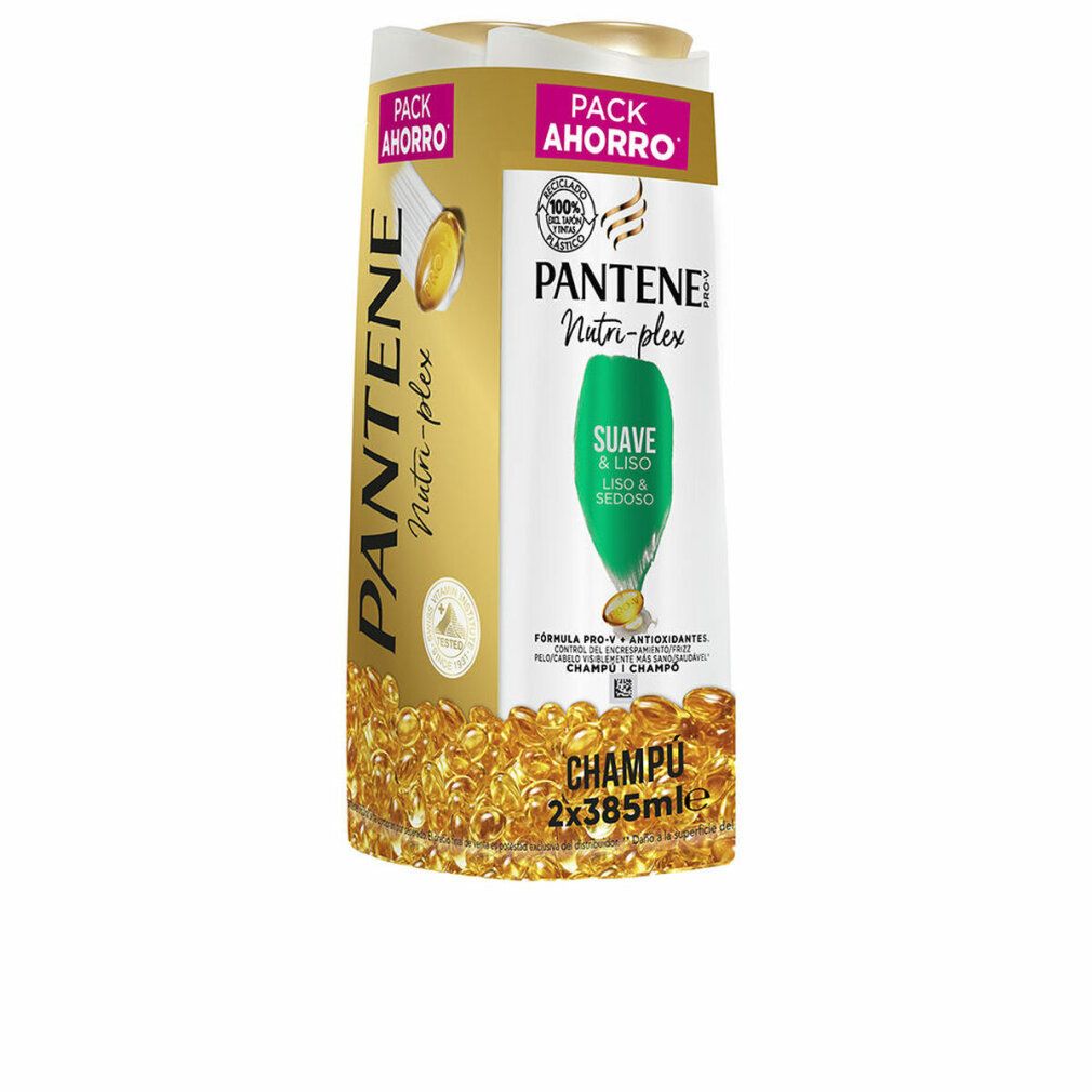 Doppelpack Shampoo. Goldfarbene und grüne Flaschen. Aufschrift: Pantene Nutri-plex, Suave & Liso, Champú.