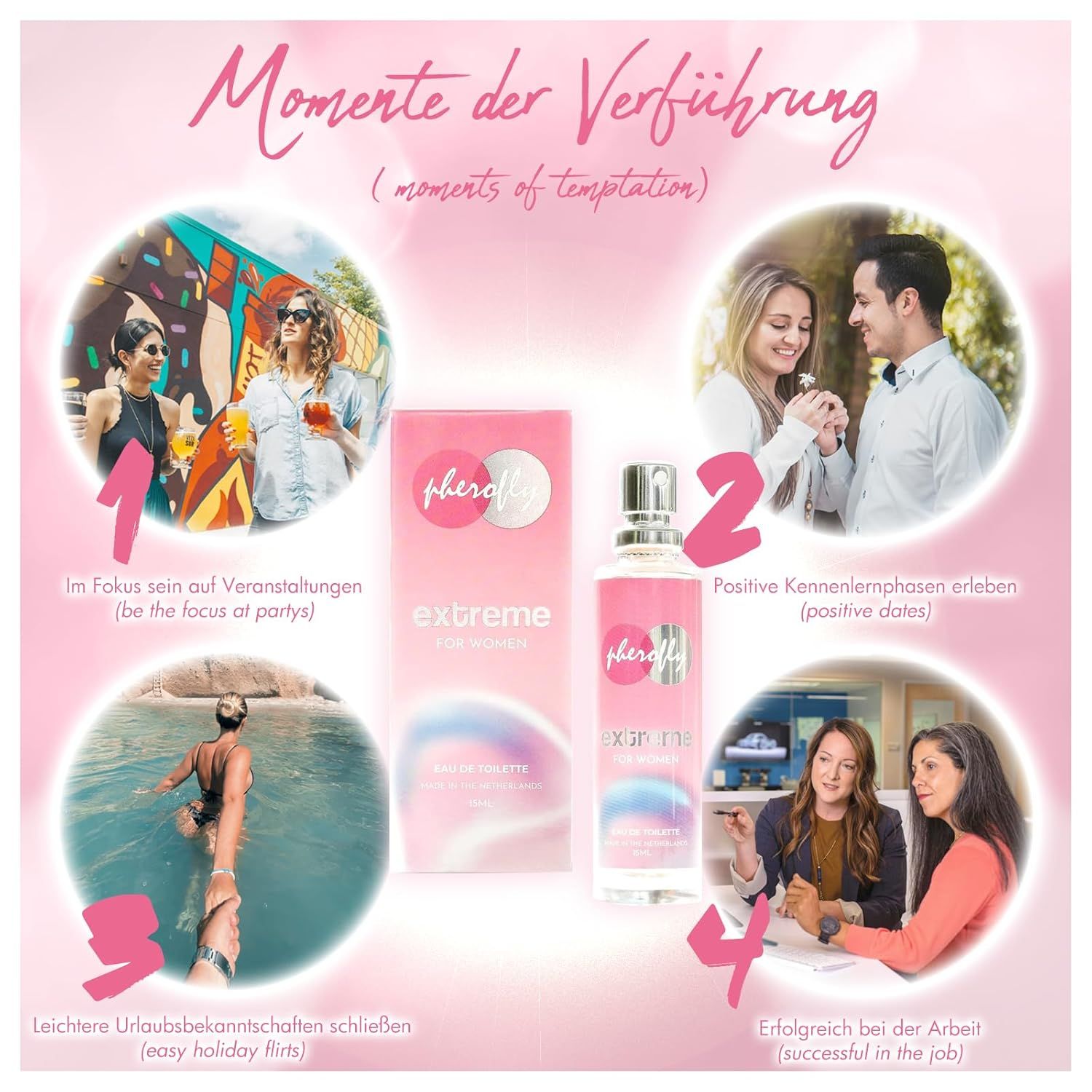 Pherofly Extreme für Frauen. Rosa Flakon und Verpackung. Produktabbildung mit Personen und Text. Momente der Verführung.