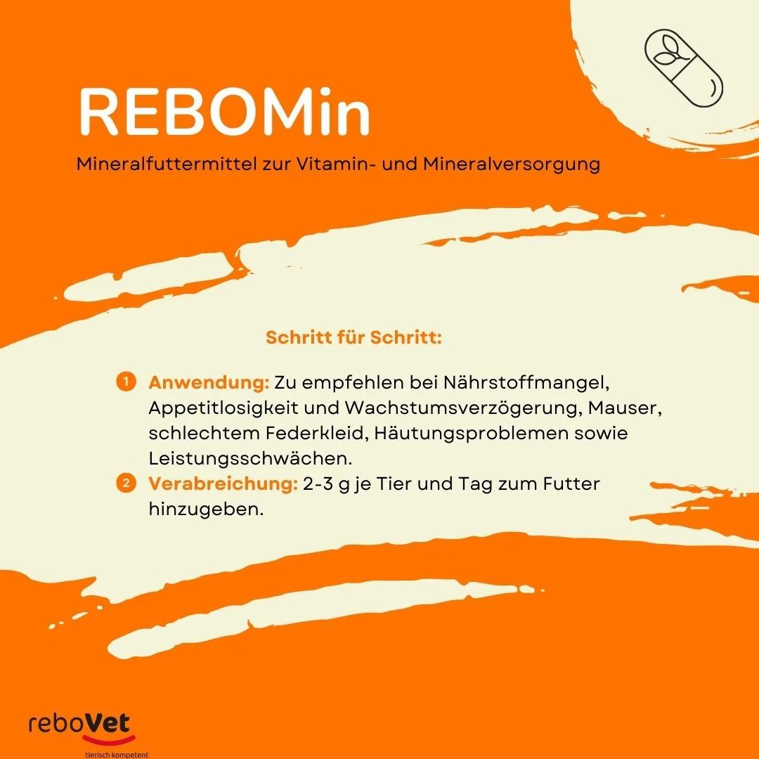 ReboMin Mineralfuttermittel zur Vitamin- und Mineralversorgung. Anwendungshinweise auf Deutsch.