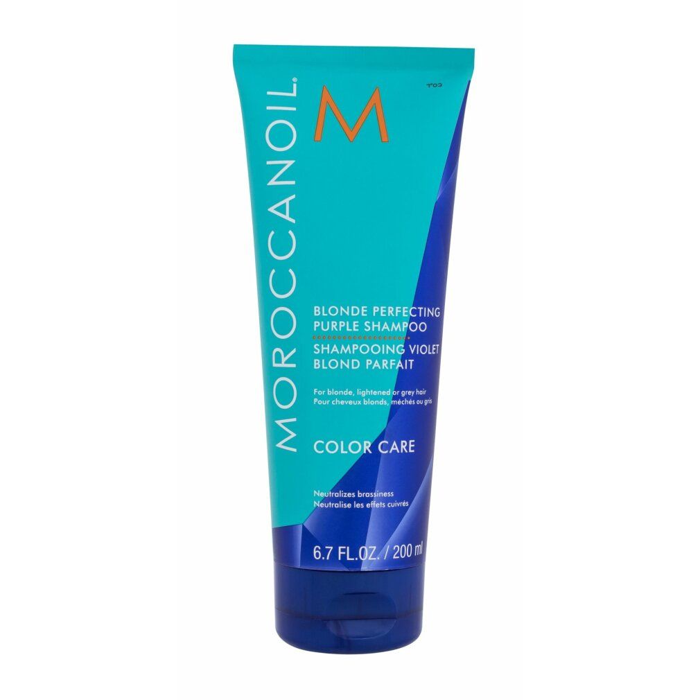 Türkisfarbene Tube mit lila Shampoo-Aufschrift. Marke Moroccanoil. Text: Blonde Perfecting Purple Shampoo. 6.7 fl.oz/200ml.