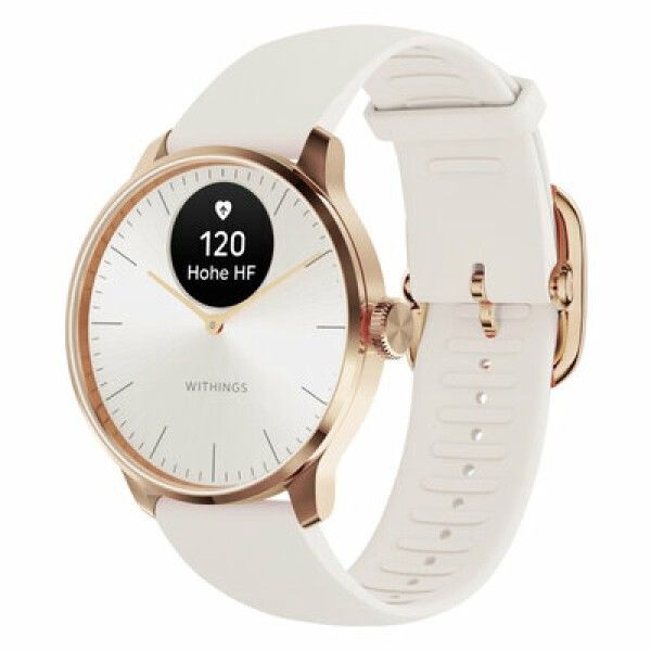 Roségoldene Smartwatch mit weißem Armband. Zifferblatt mit Anzeige. Marke: Withings.