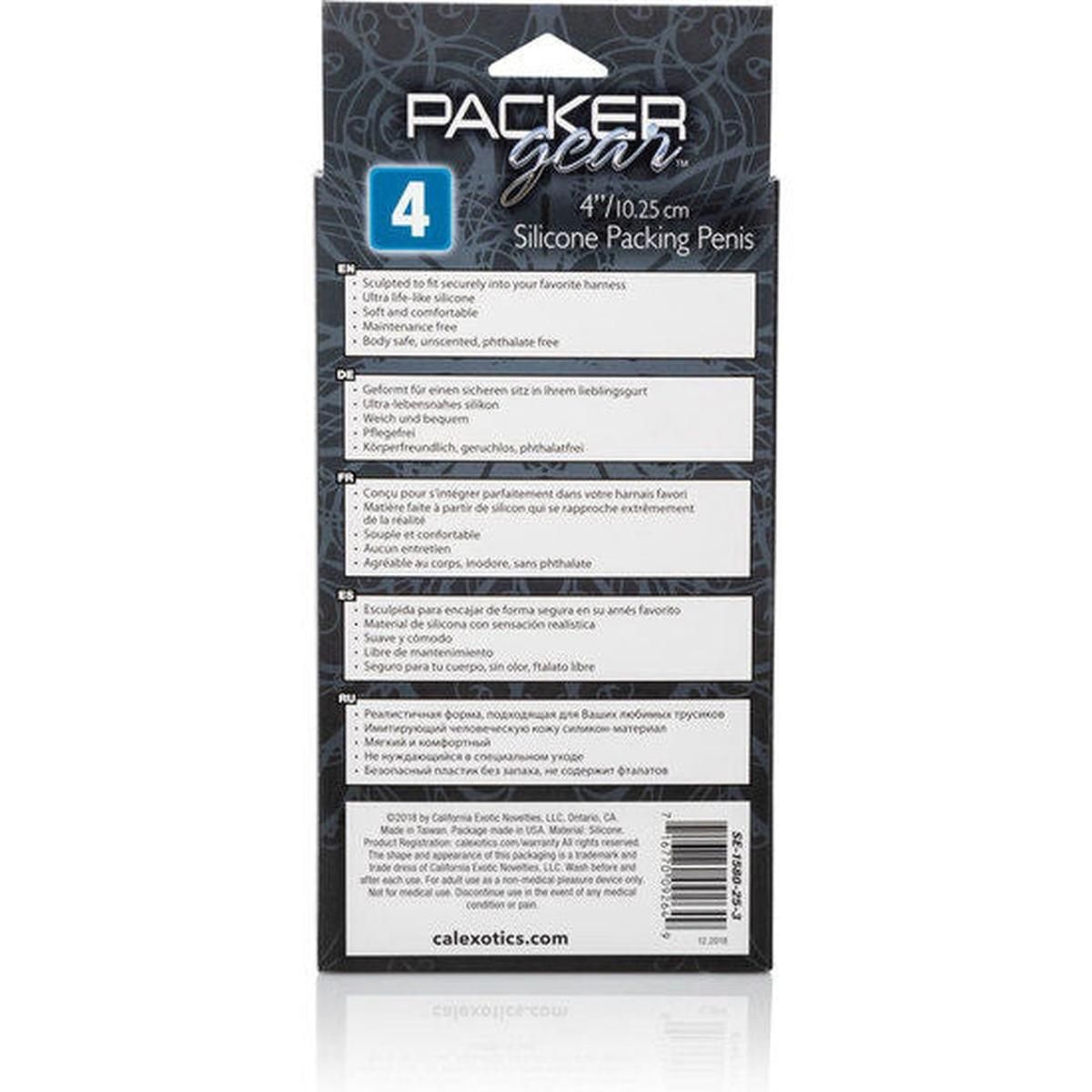 Rückseite der Verpackung. Produkt: Packer Gear 4. Text: Silikon Packing Penis. Informationen zu Material und Eigenschaften.