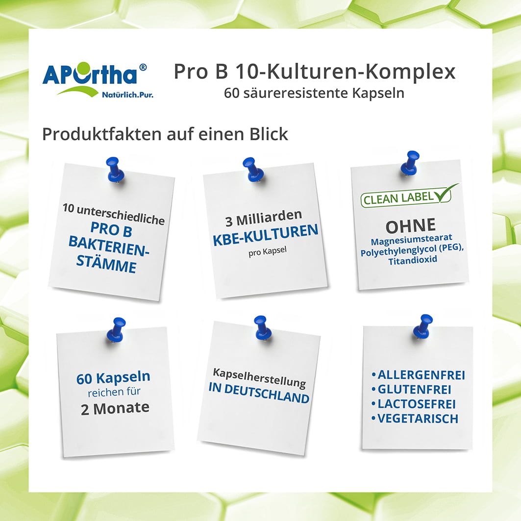 APOrtha Pro B 10-Kulturen-Komplex. Übersicht: 10 Bakterienstämme, 3 Mrd. KBE, 60 Kapseln, ohne Zusatzstoffe. Vegan.