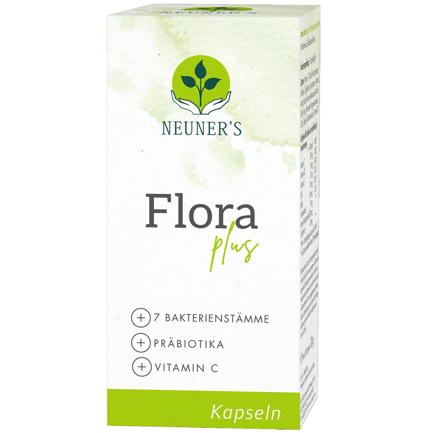 Verpackung von Neuner's Flora plus Kapseln. Weiß mit grünem Logo und Schriftzug. Enthält 7 Bakterienstämme, Präbiotika und Vitamin C. Aufschrift: Kapseln.