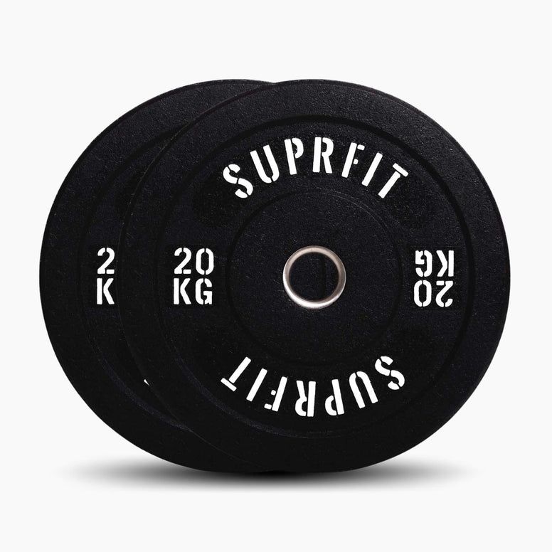 Zwei schwarze SUPRFIT Hi Temp Bumper Plates. Gewicht: 20 kg. Runde Form mit weißer Schrift. Loch in der Mitte.