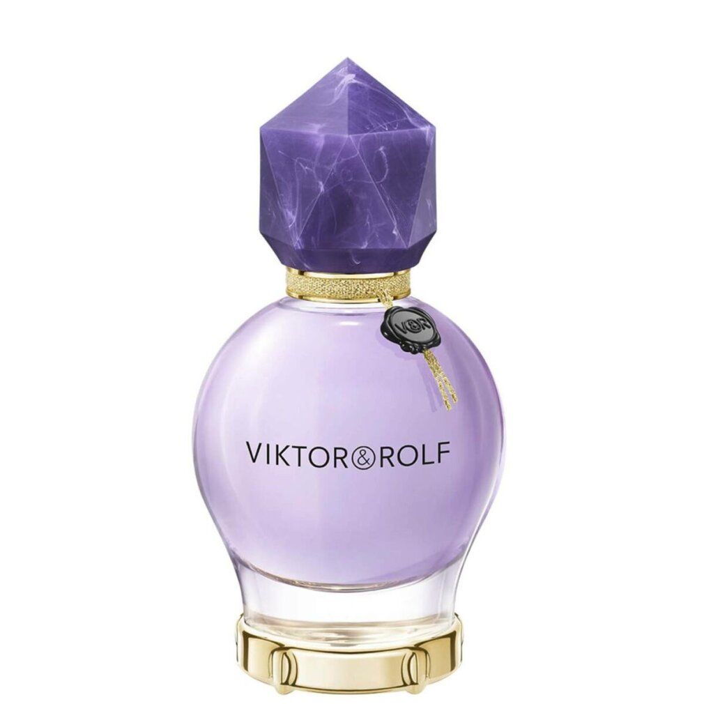 Viktor & Rolf Good Fortune Edp Spray Flakon. Runder, lila Flakon mit Kristallverschluss und goldenem Ring am Boden.